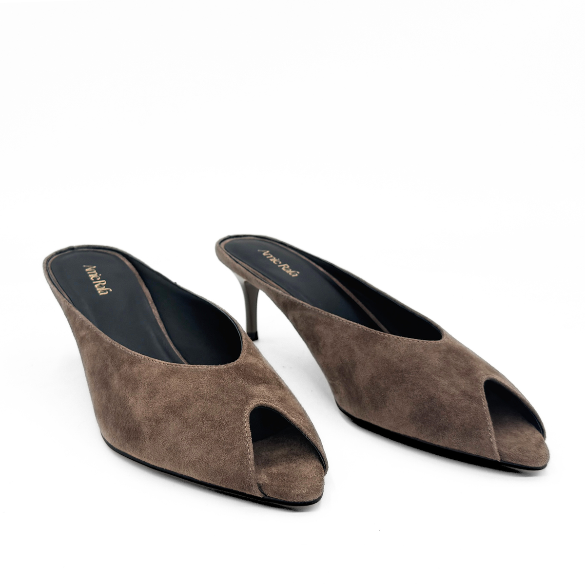 Pair of brown suede peep-toe mules with slim stiletto heels