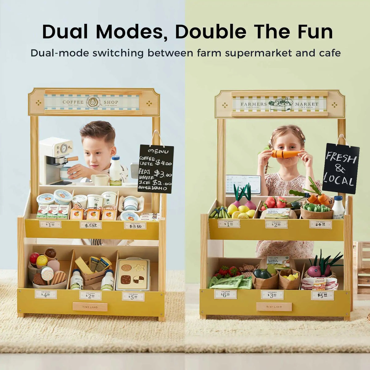 Wooden grocery store playset shown in cafe and farm market modes.