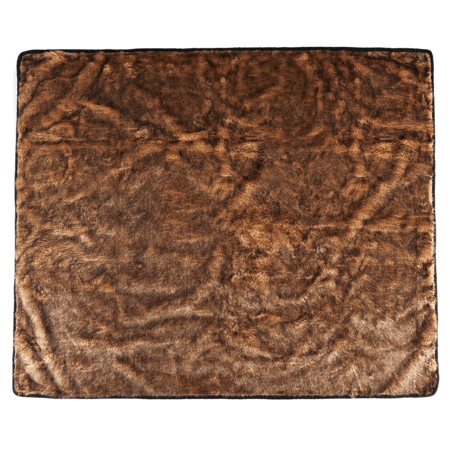Sable tan waterproof short-fur throw blanket with rounded edge binding