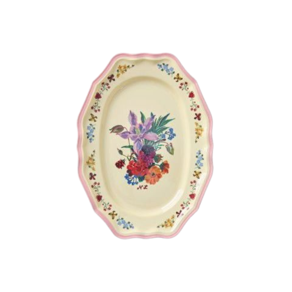 Pink-edged melamine serving dish with oval floral bouquet print and scalloped rim