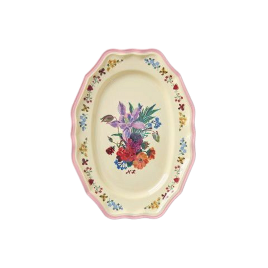 Pink-edged melamine serving dish with oval floral bouquet print and scalloped rim