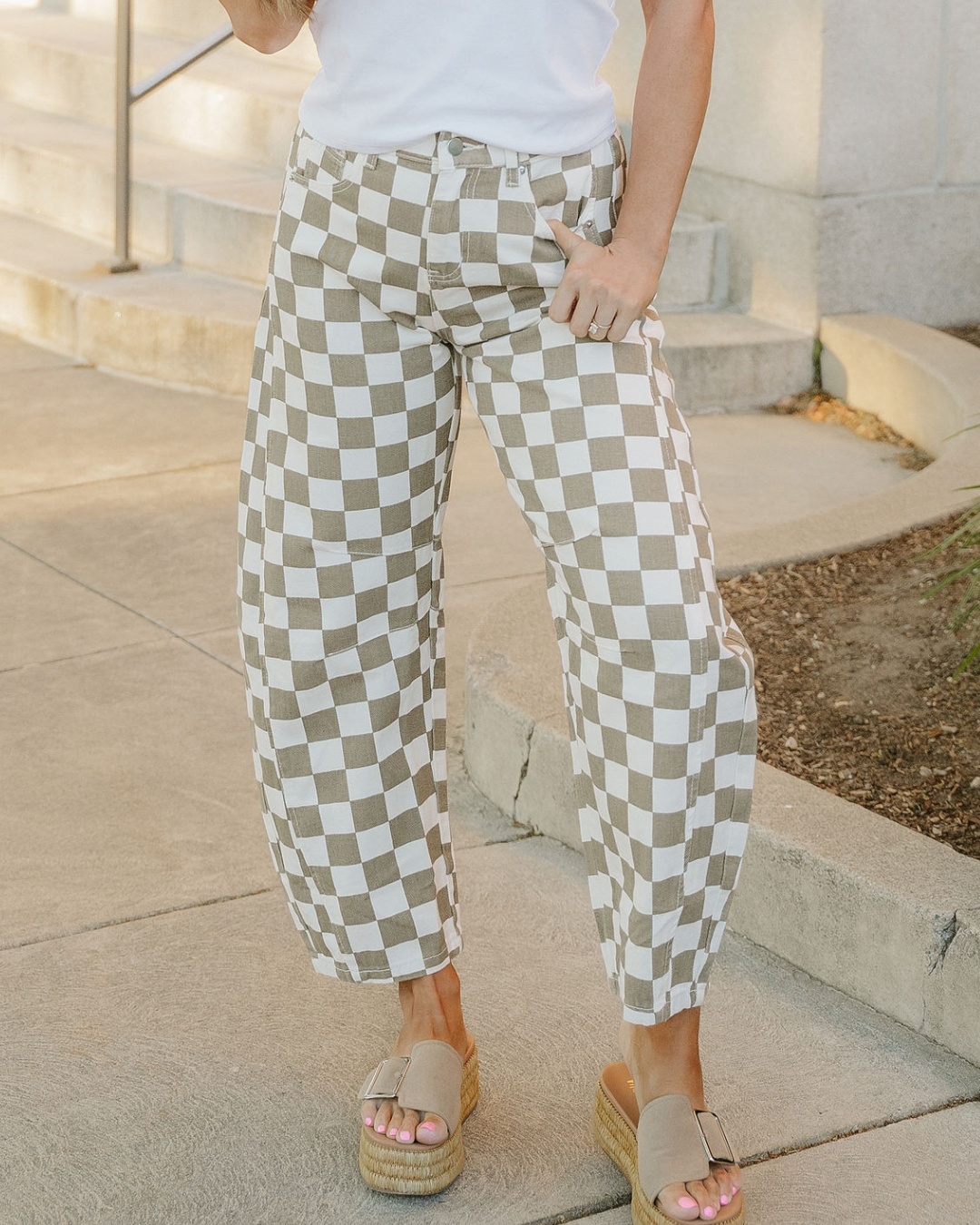 Checkered denim barrel pants in sage green and off-white, cuffed ankle length