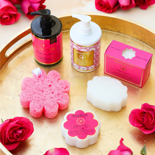 Bath set with two pump bottles, pink flower sponge, white sponge, and pink soap box