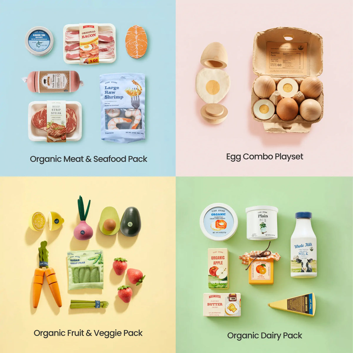 Organic play food bundle with meat, egg, fruit & veggie, and dairy packs