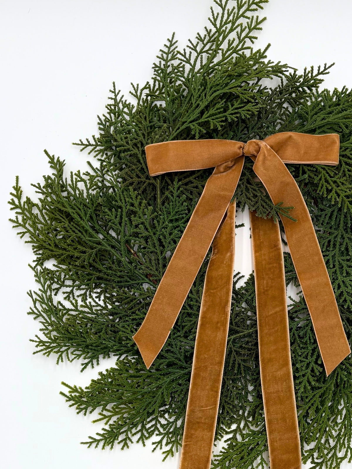 Close-up mini cedar wreath with tan ribbon bow and green evergreen sprays