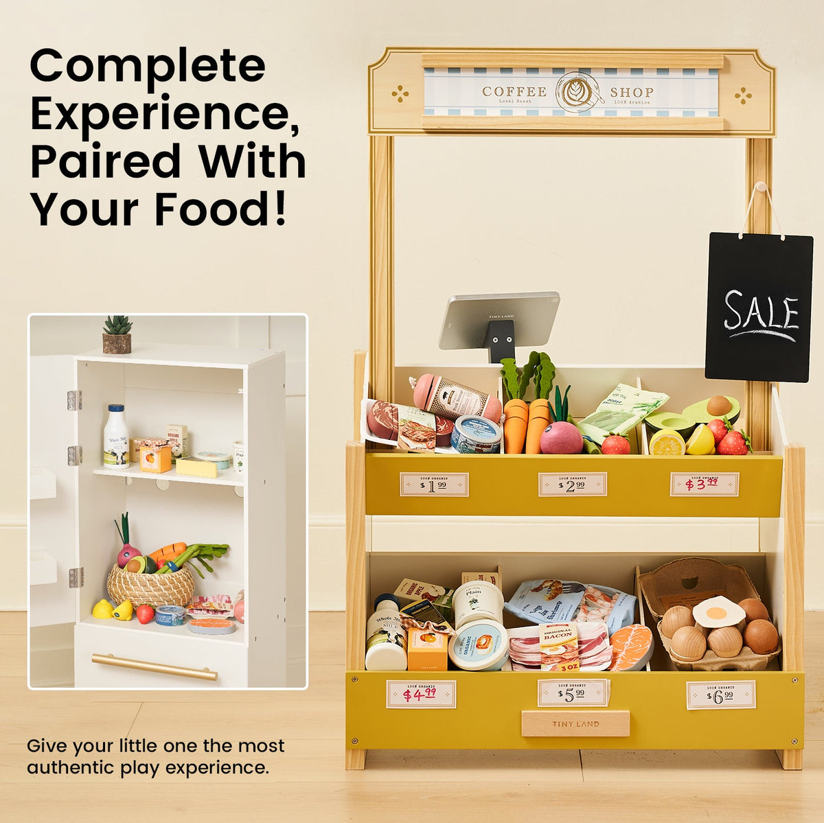 Wooden play grocery shop display shelf stocked with toy food packages