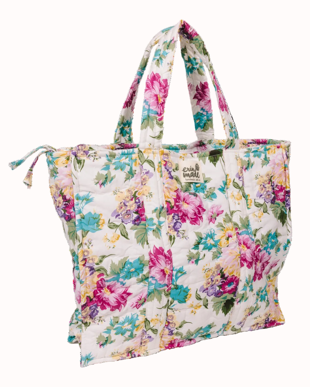 Floral zip tote bag with wide handles, pastel pink blue purple flower print