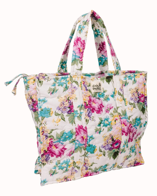Floral zip tote bag with wide handles, pastel pink blue purple flower print