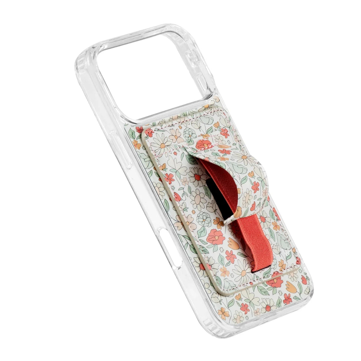 Floral magnetic wallet on clear phone case, open pocket with red strap