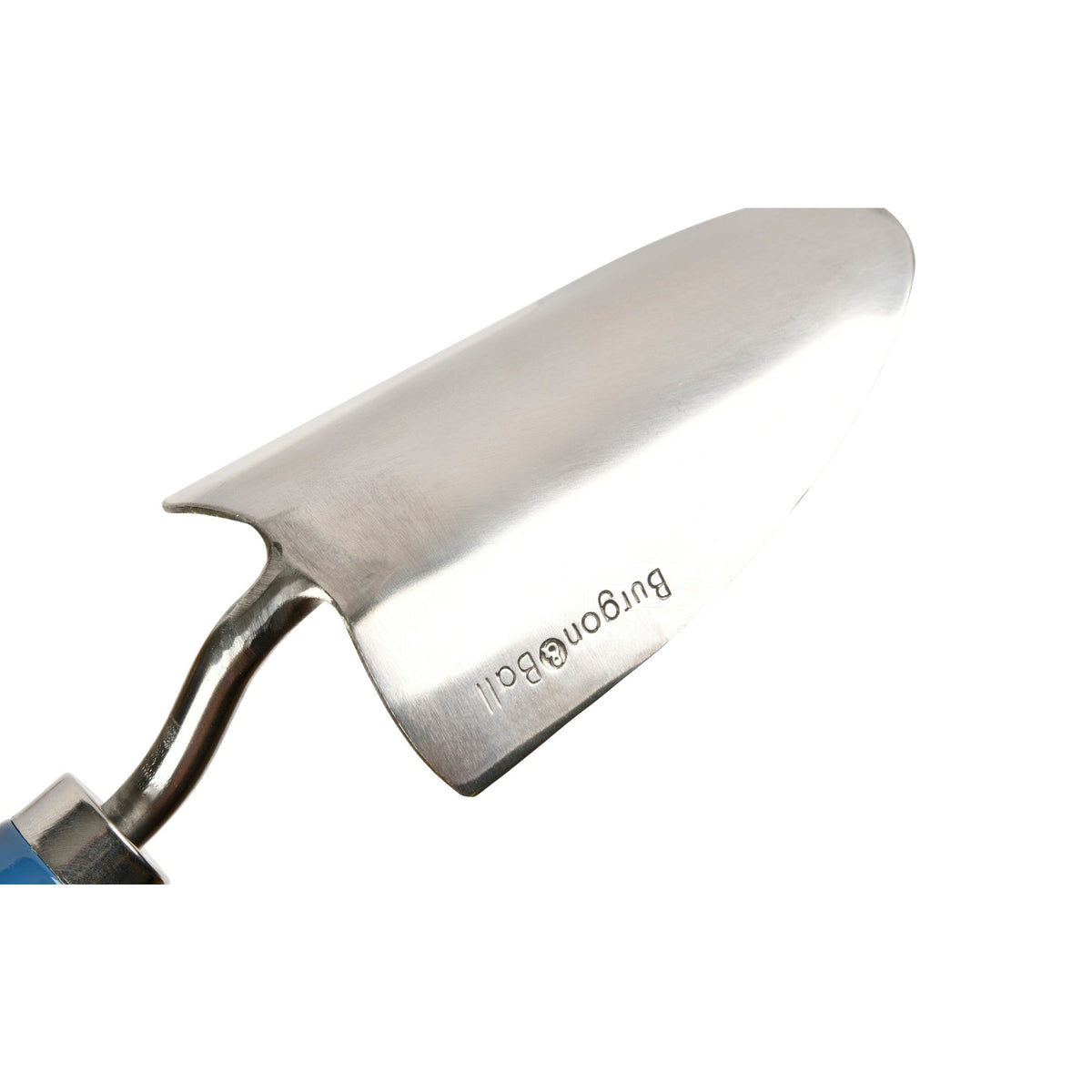 Stainless steel garden trowel with blue handle and curved planting blade