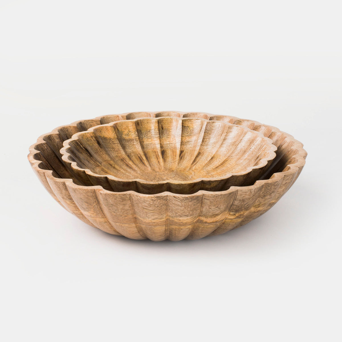 Large scalloped natural wood bowl with layered ridges