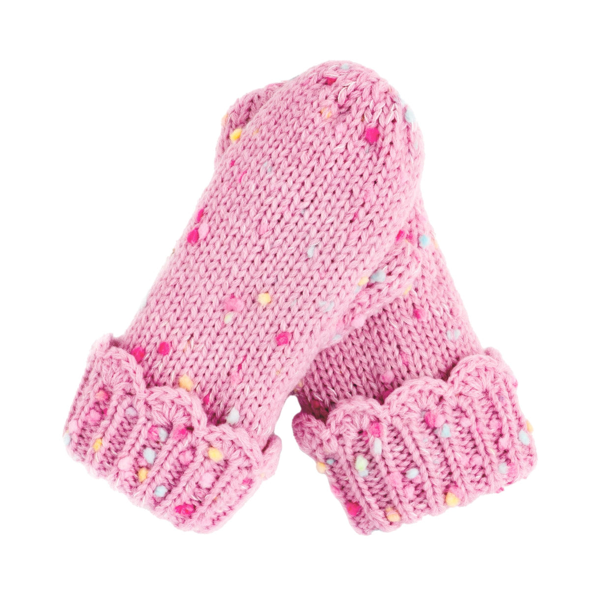 Pink speckled knit mittens with turned-back cuffs
