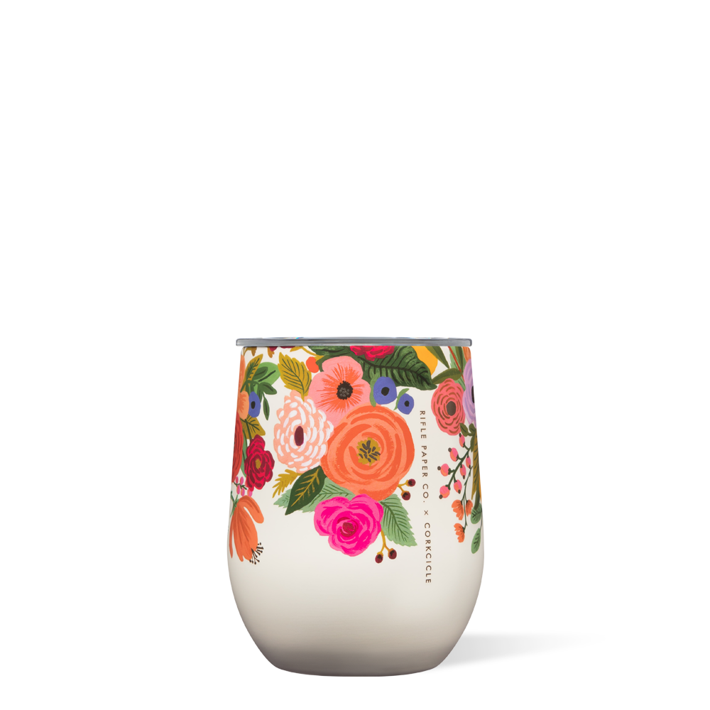 Cream stemless 12oz tumbler with colorful floral garden print and silver rim
