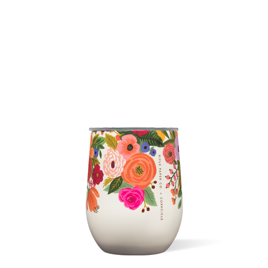 Cream stemless 12oz tumbler with colorful floral garden print and silver rim