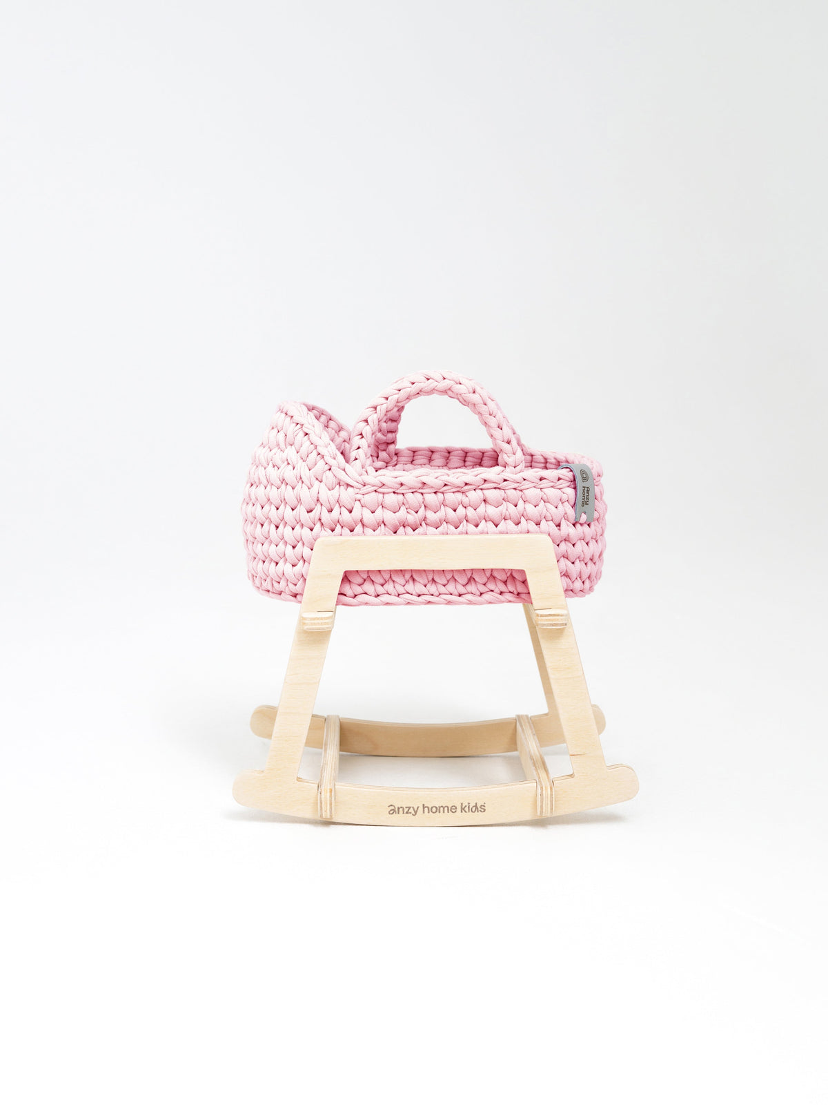 Mini doll moses basket with rocking stand, pink woven basket with front rail and handle