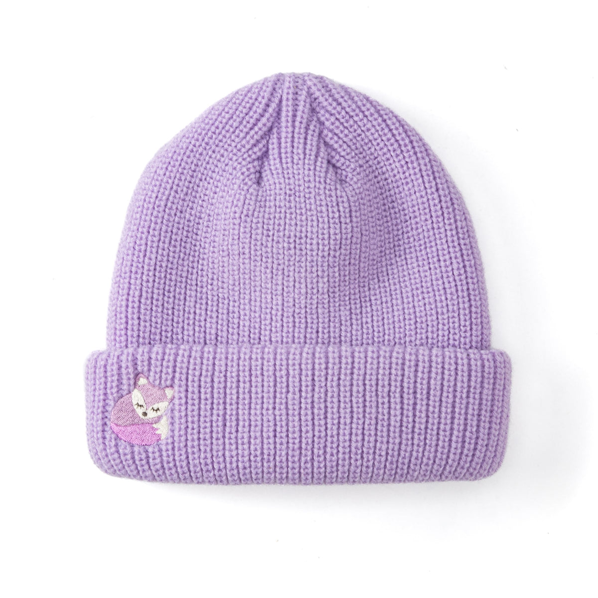 Front view of purple knitted beanie with folded cuff and fox embroidery