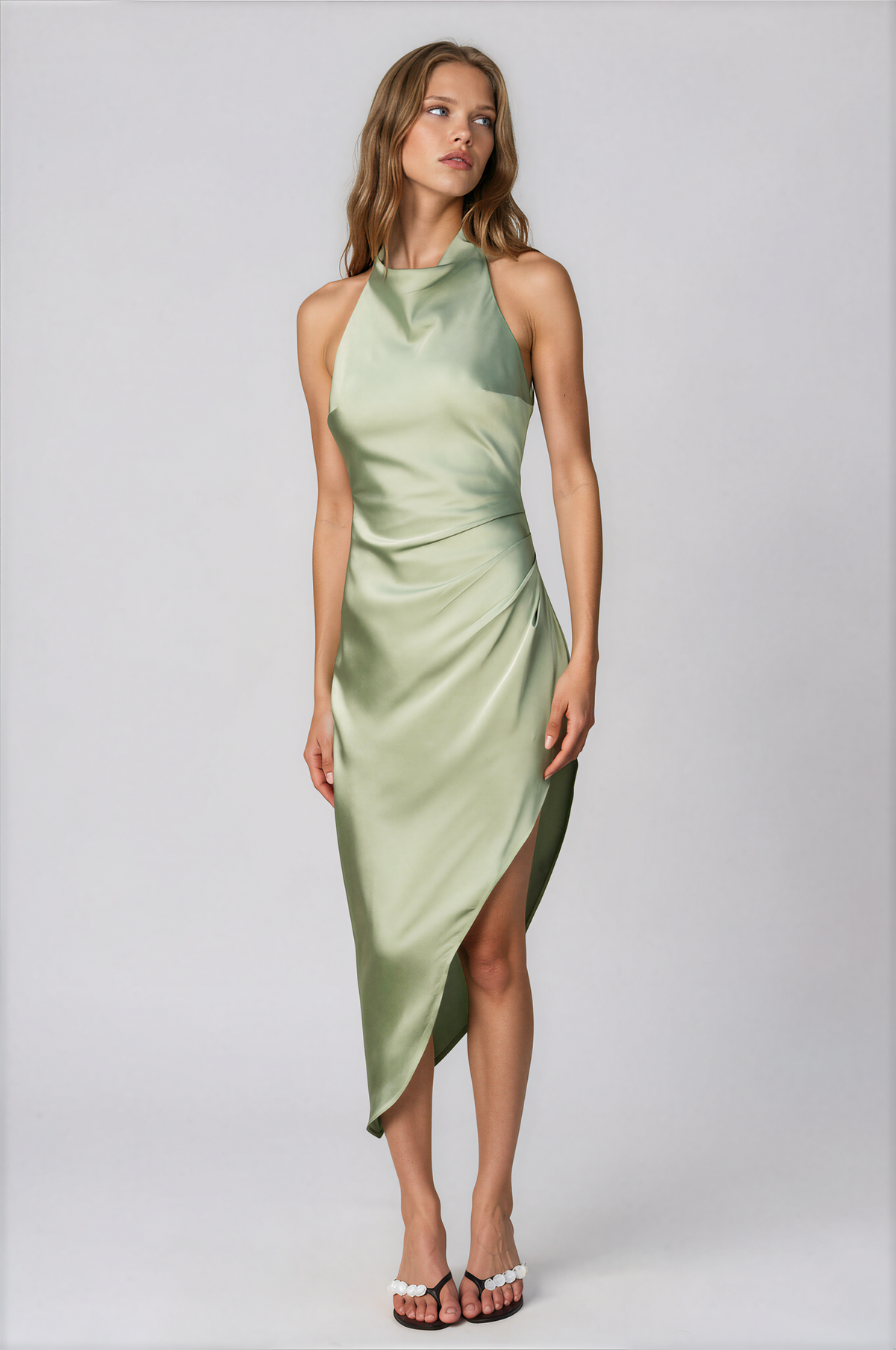 Sage green halter midi dress, draped bodice with asymmetrical side slit