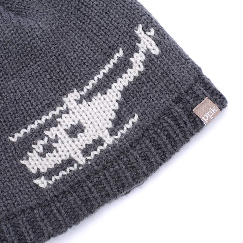 Close-up of gray beanie showing white helicopter knit design and ribbed cuff