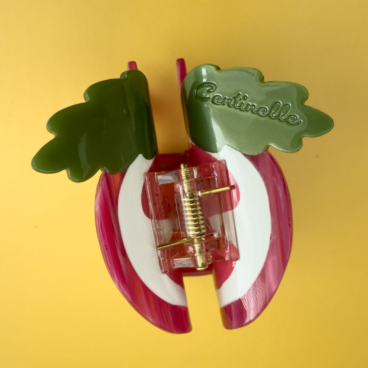 Pomegranate-themed hair claw with clear hinge and gold spring, green leaf with script text