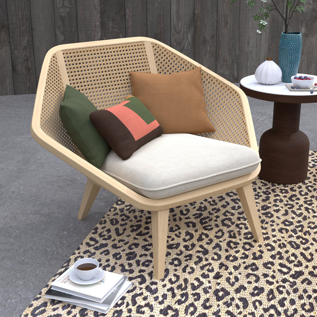 Leopard-print natural rug featuring a light beige base and dark brown spots