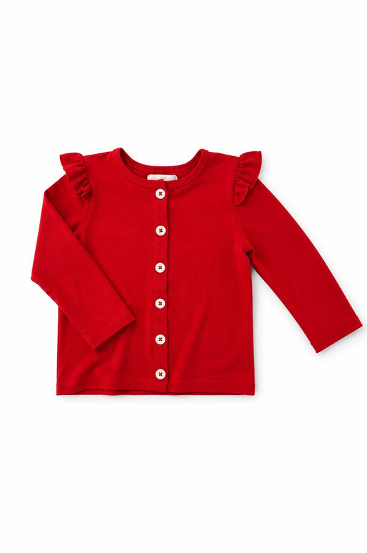 Red ruffle-sleeve cardigan with front buttons, long sleeves, and round neckline