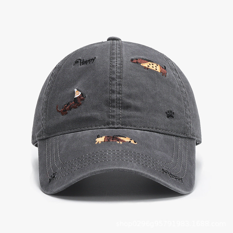 Dark gray baseball cap with curved brim and embroidered animal motifs