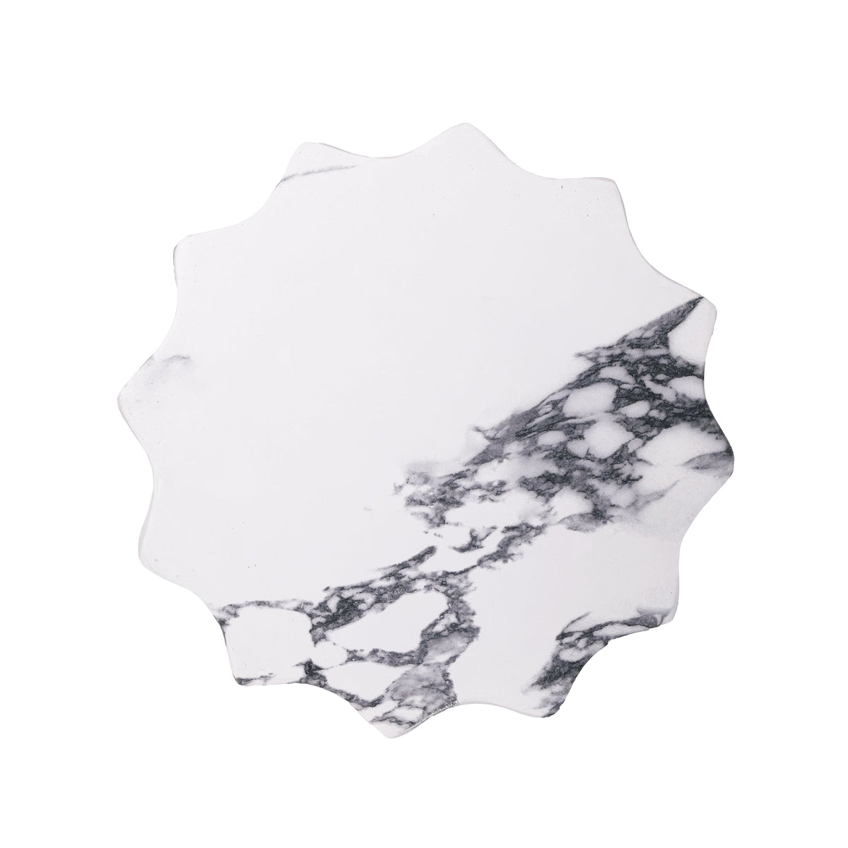 Top view of the side table's irregular white surface with gray marble veining
