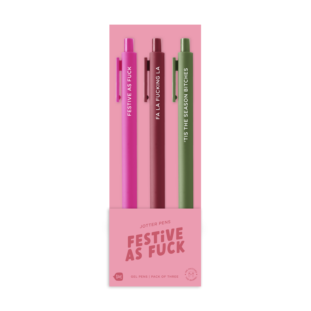 Three-pack of seasonal gel pens in pink, burgundy, and olive green.