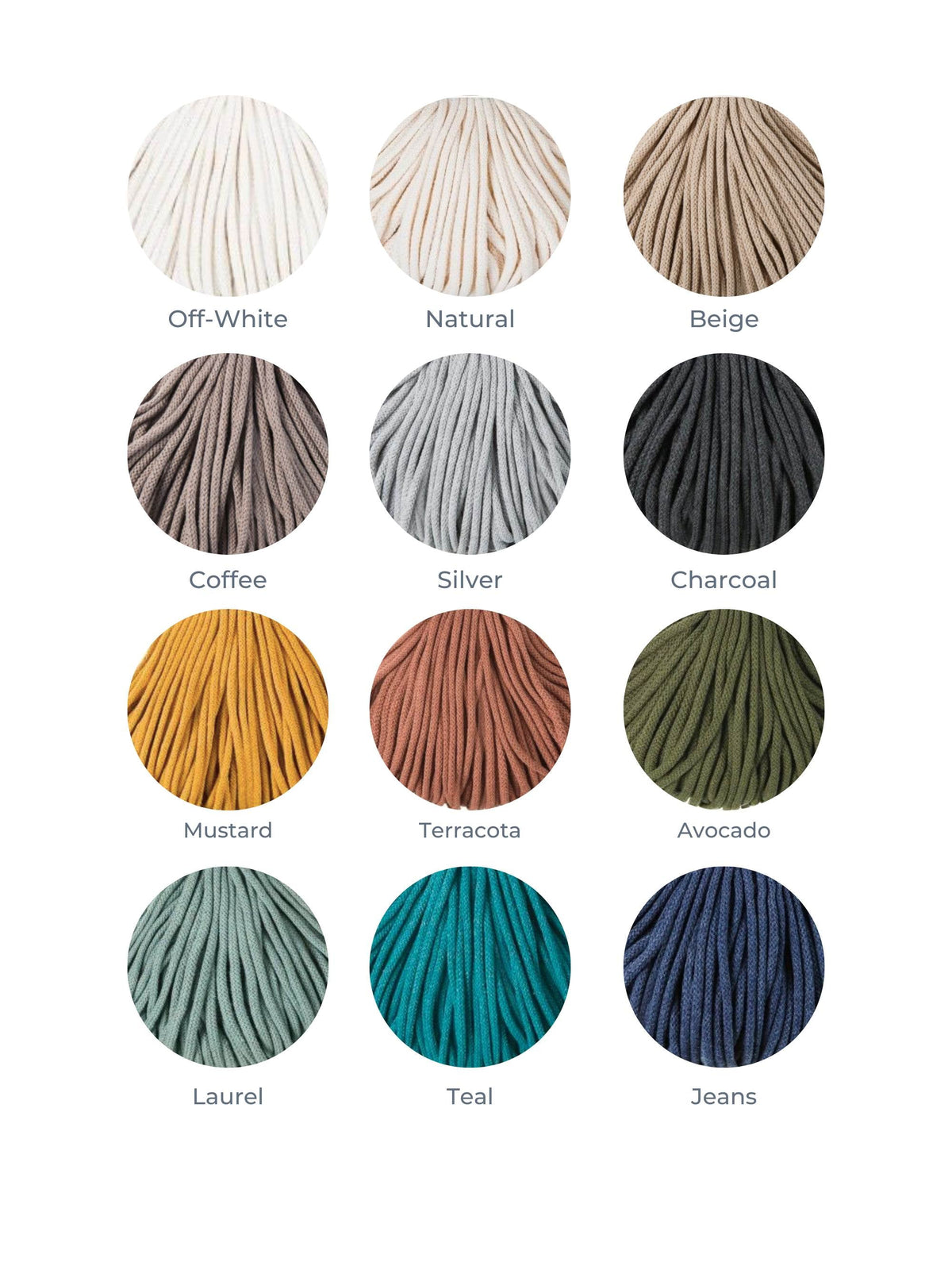 Round knitted storage basket yarn color swatches: off-white, natural, beige, charcoal, teal