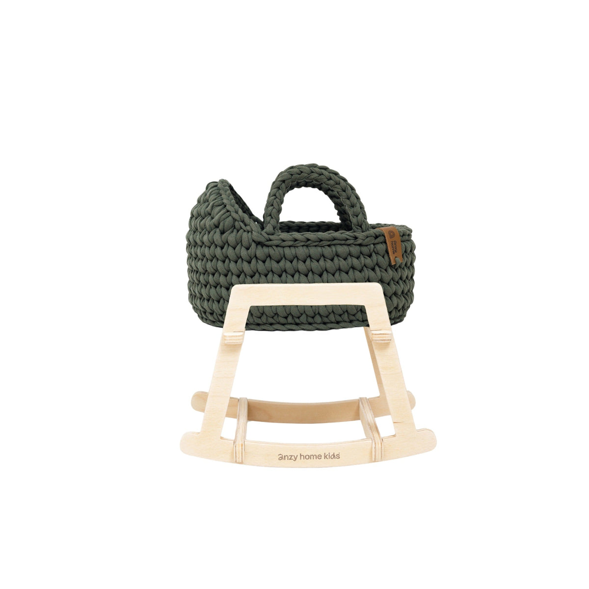 Mini doll Moses basket with rocking stand, woven dark green, small top handle