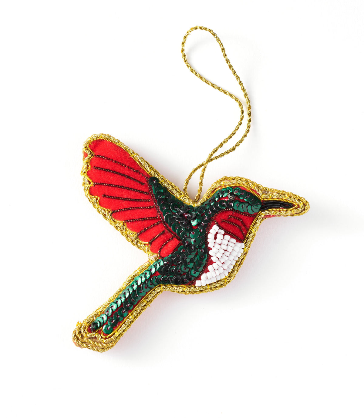 Plush hummingbird fabric ornament with red wings, green body, white beaded belly, gold trim
