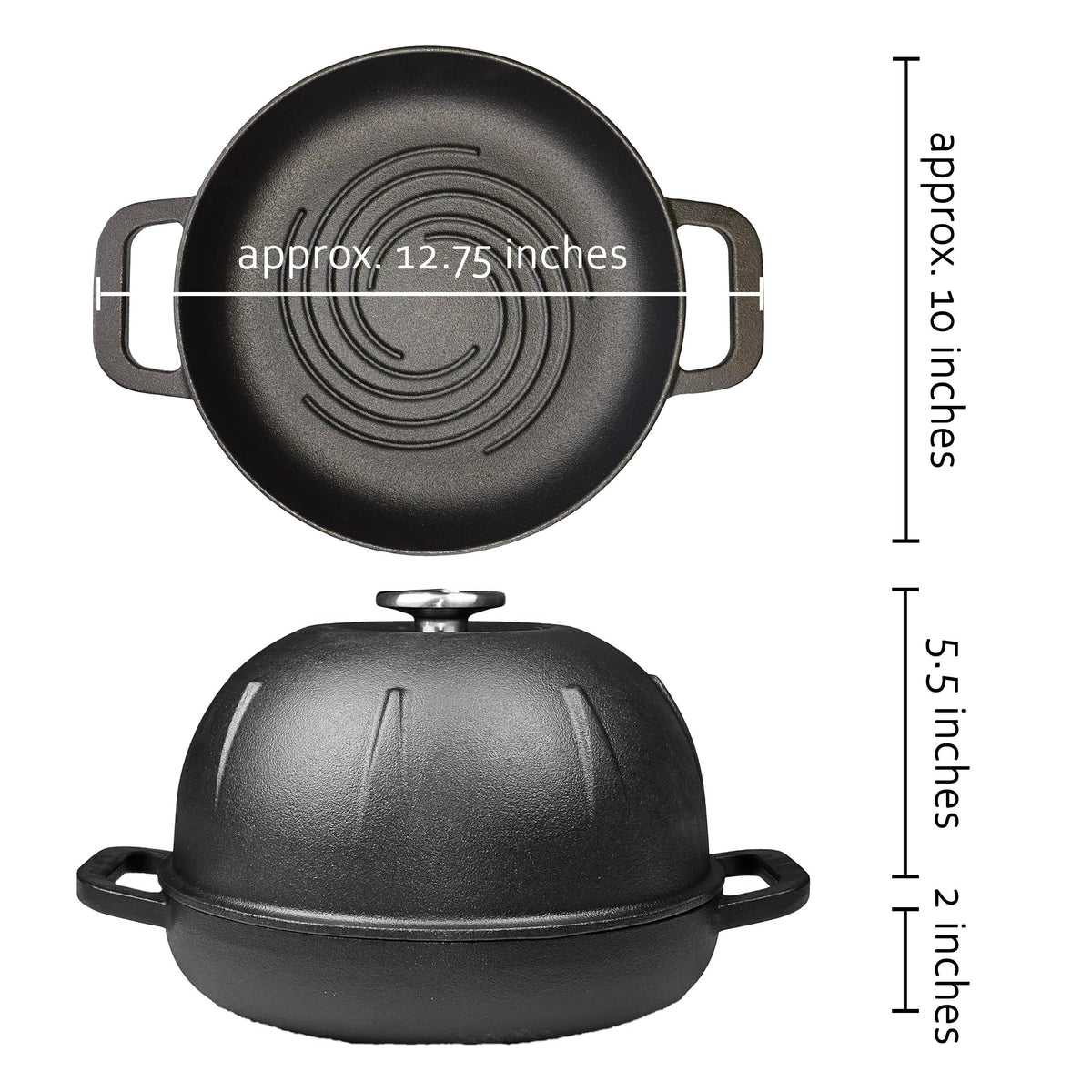Black cast iron bread cloche with dome lid, twin handles, round base