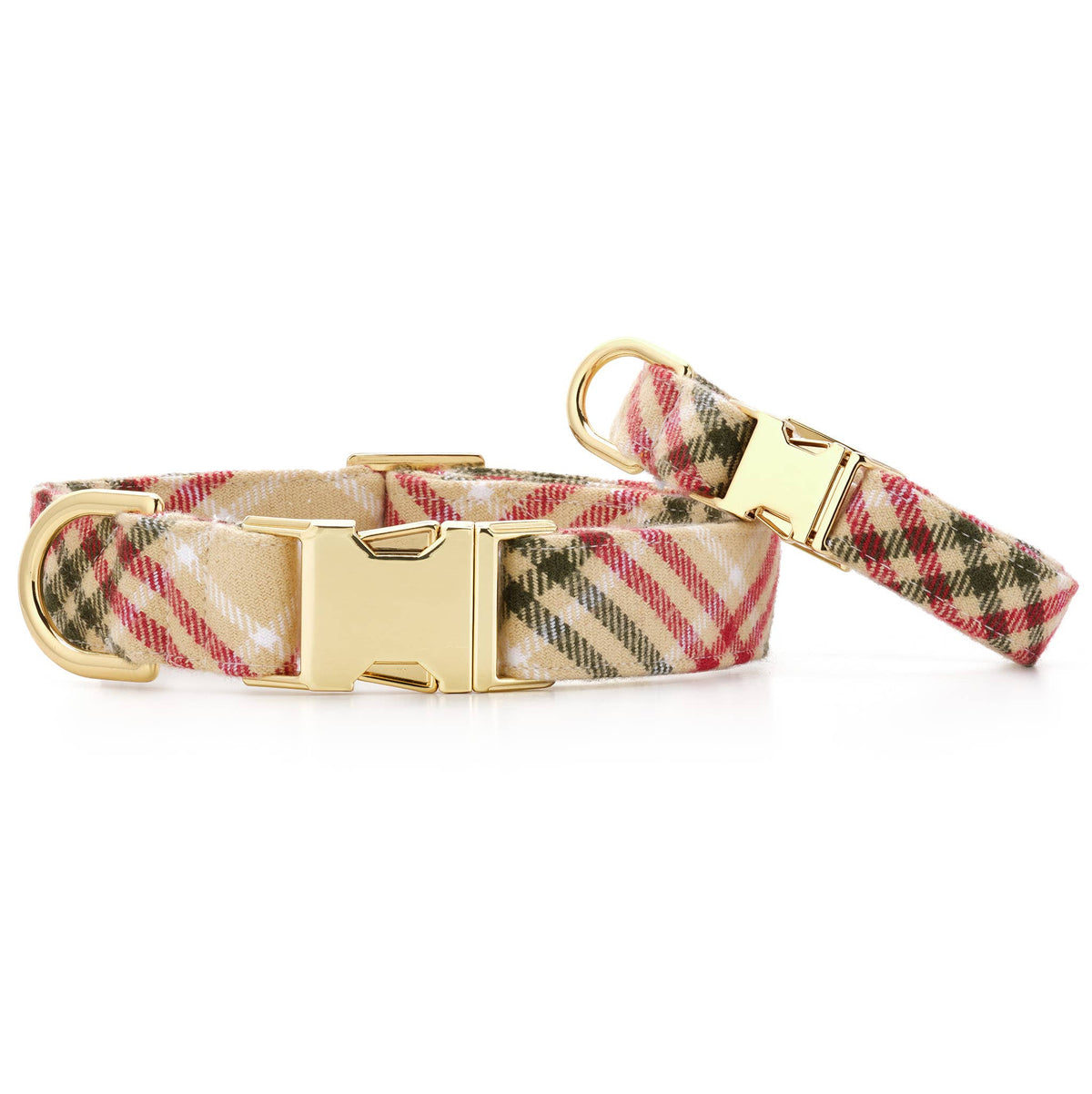 Plaid flannel dog collar with gold buckle and ring; beige, red, and black holiday check