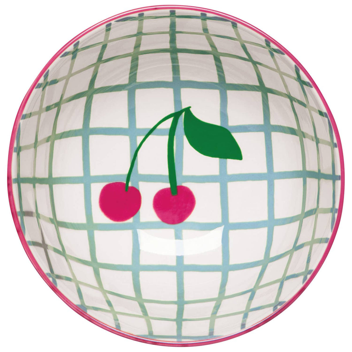 Green grid cherry bowl interior with red cherries and pink rim