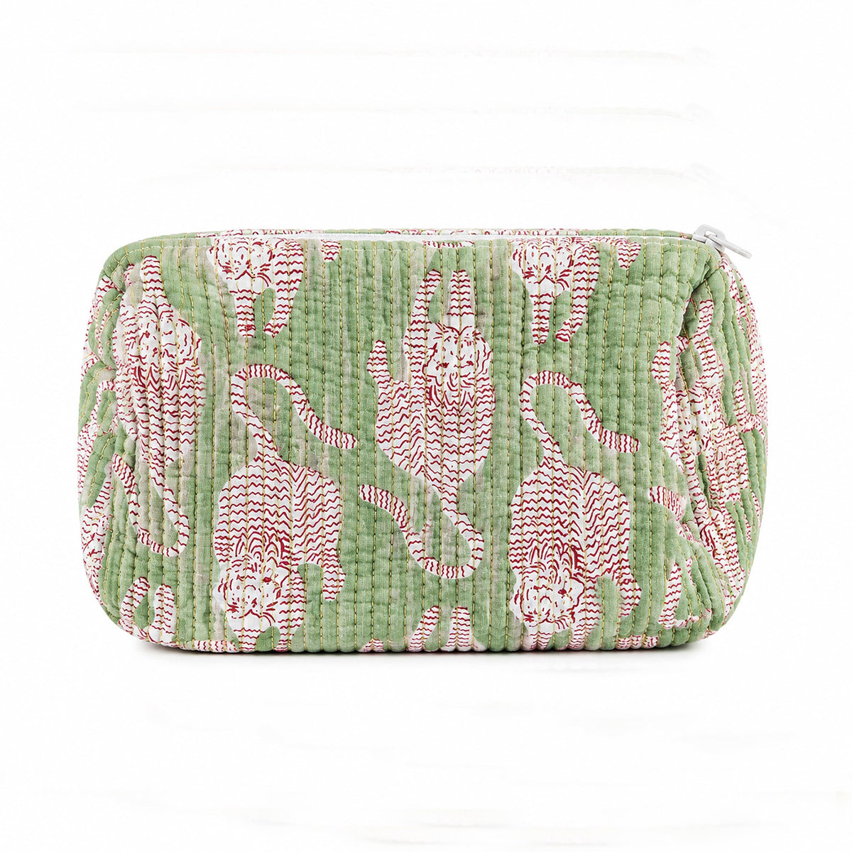 Rectangular fabric cosmetic pouch in sage green with pink/red cat pattern and zipper.