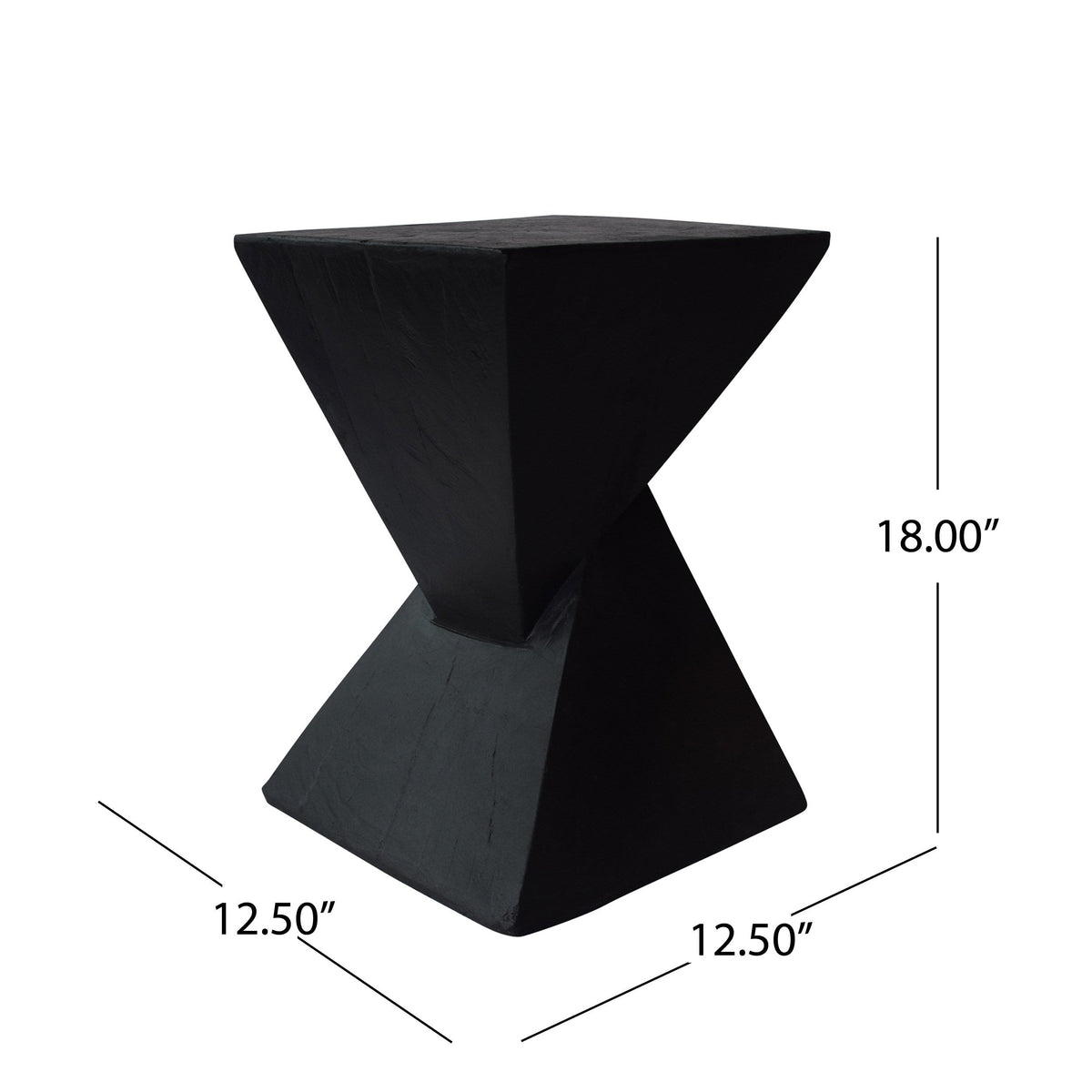 Black hourglass side table, 18 inches tall with a 12.5-inch square base