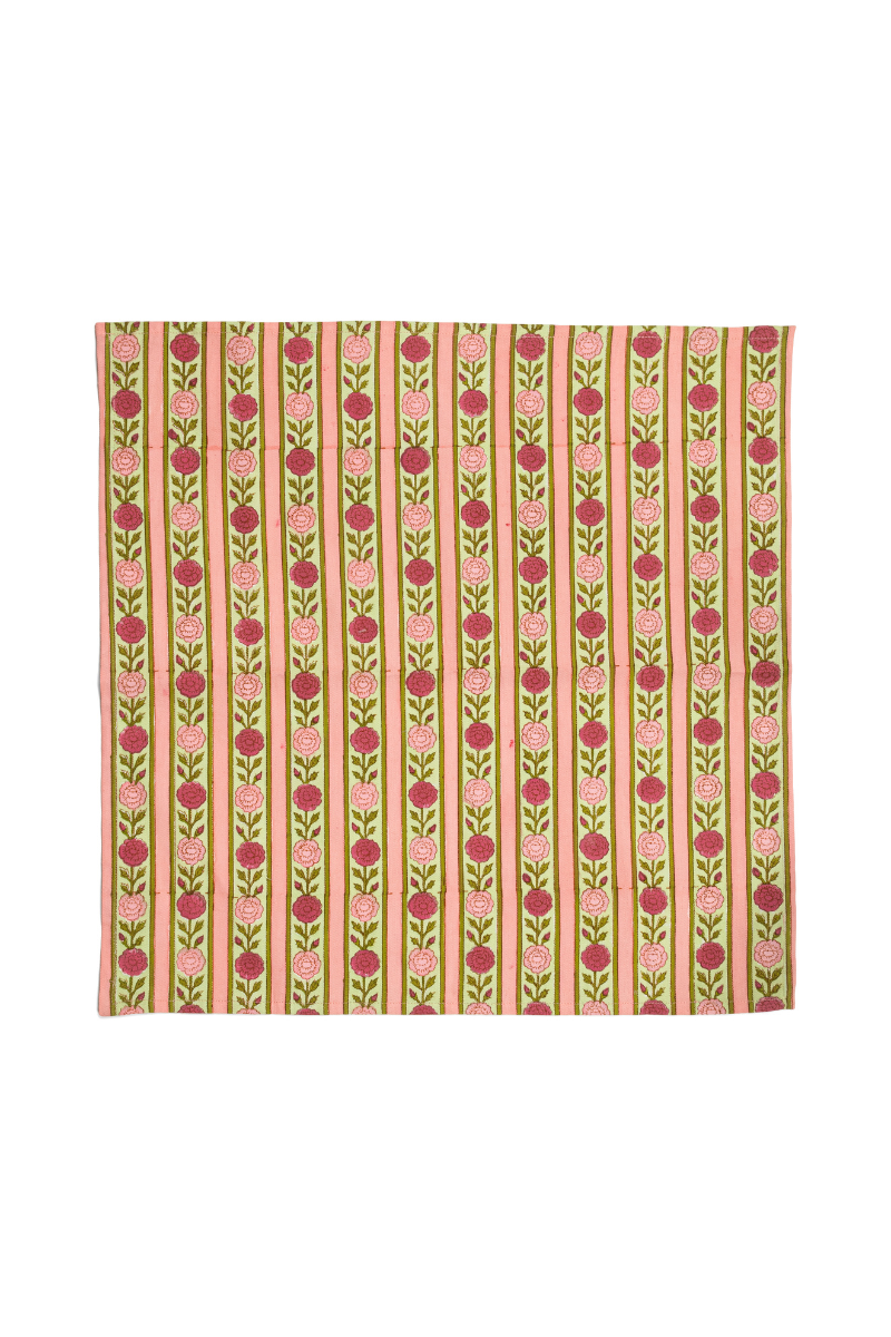 Set of 4 vintage-style napkins with vertical stripes and pink floral motifs on beige.