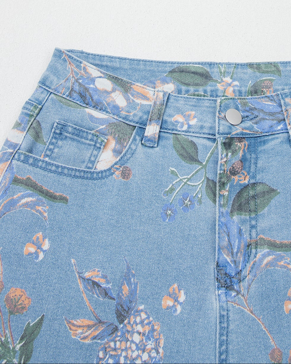 Light blue floral print denim waistband with belt loops and button closure