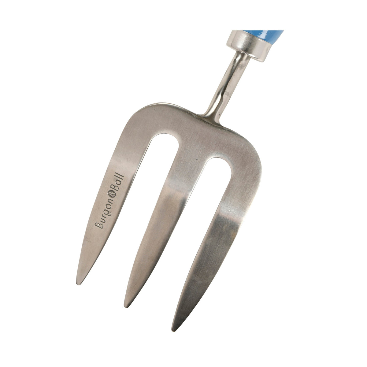 Stainless steel hand fork with blue handle and four tines