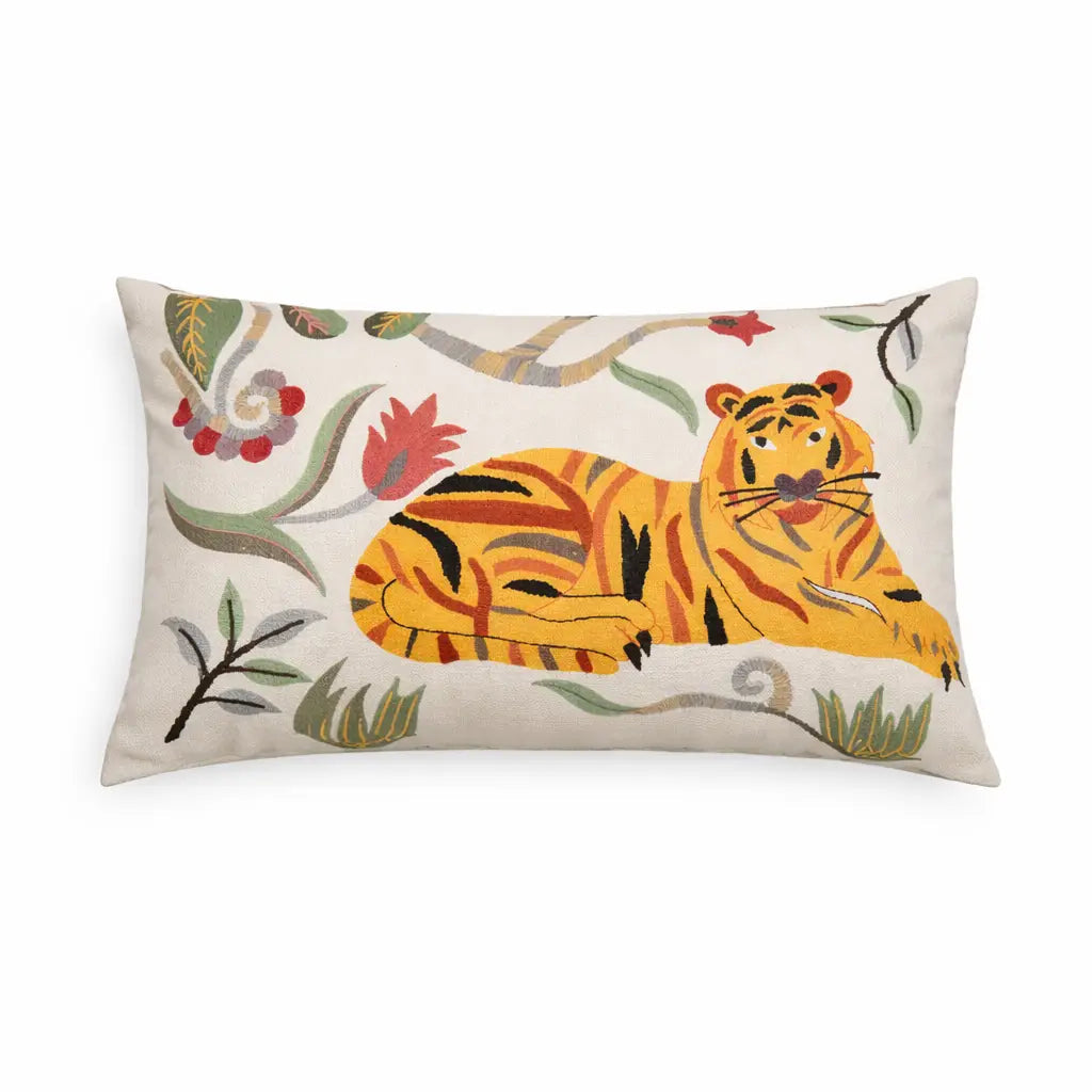 Rectangular cotton throw pillow with white background and orange tiger safari print