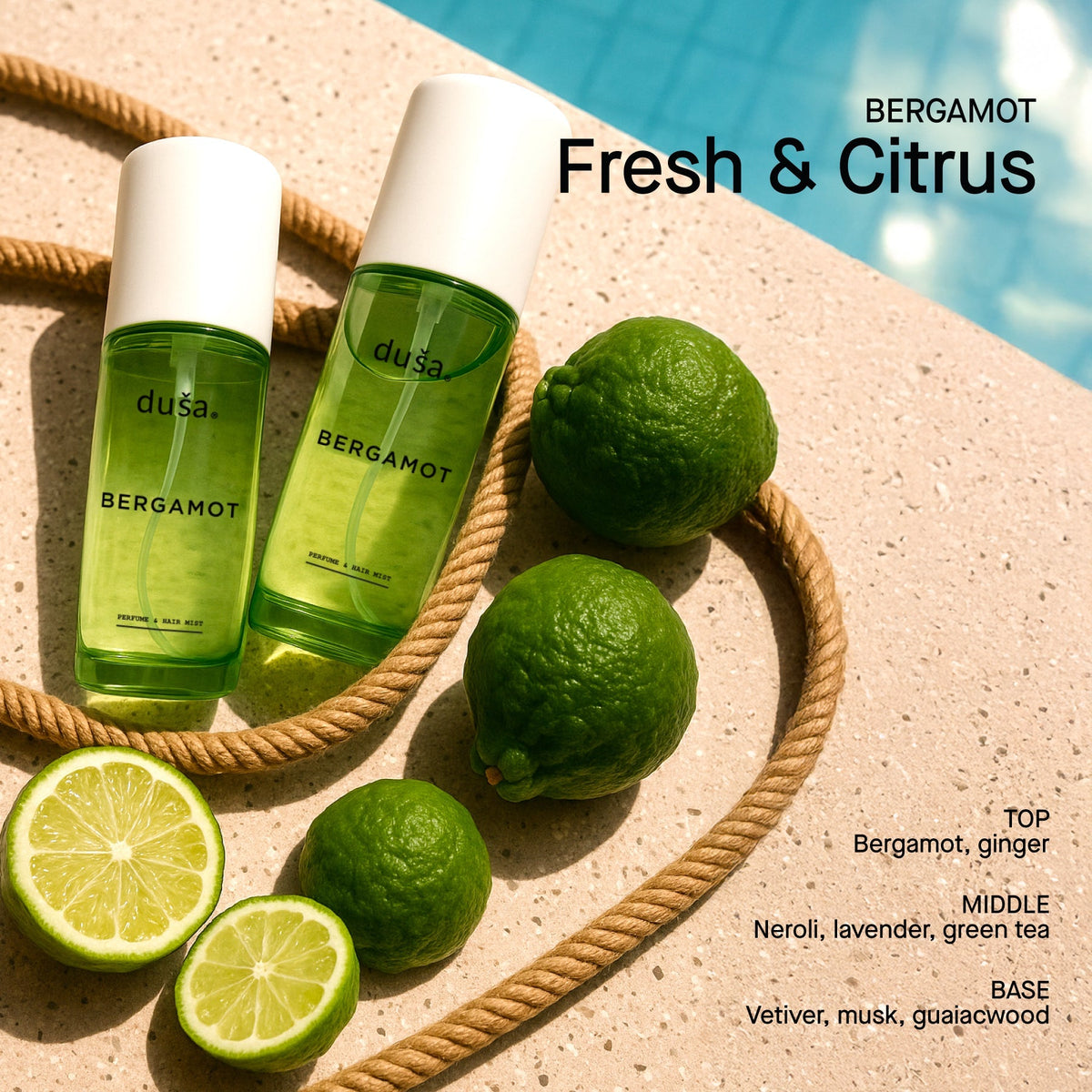 BERGAMOT perfume mist hair and body, two green bottles with limes