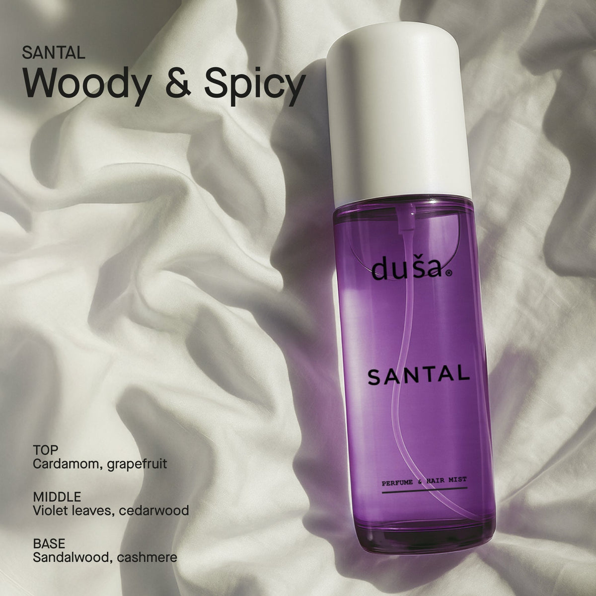 SANTAL perfume mist for hair and body in a purple bottle with white cap