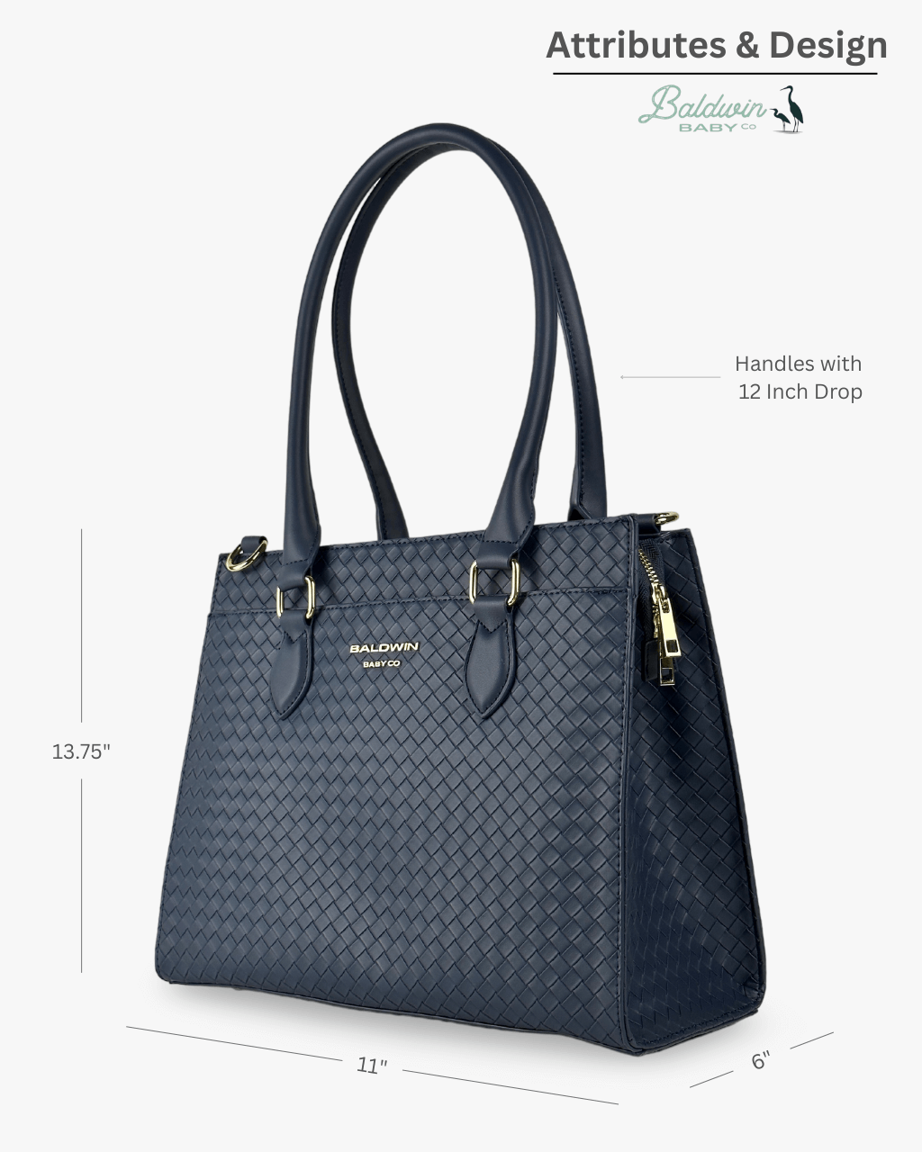 Structured woven tote with zip closure, long handles, and gold-tone hardware; 11 by 6 by 13.75 inches