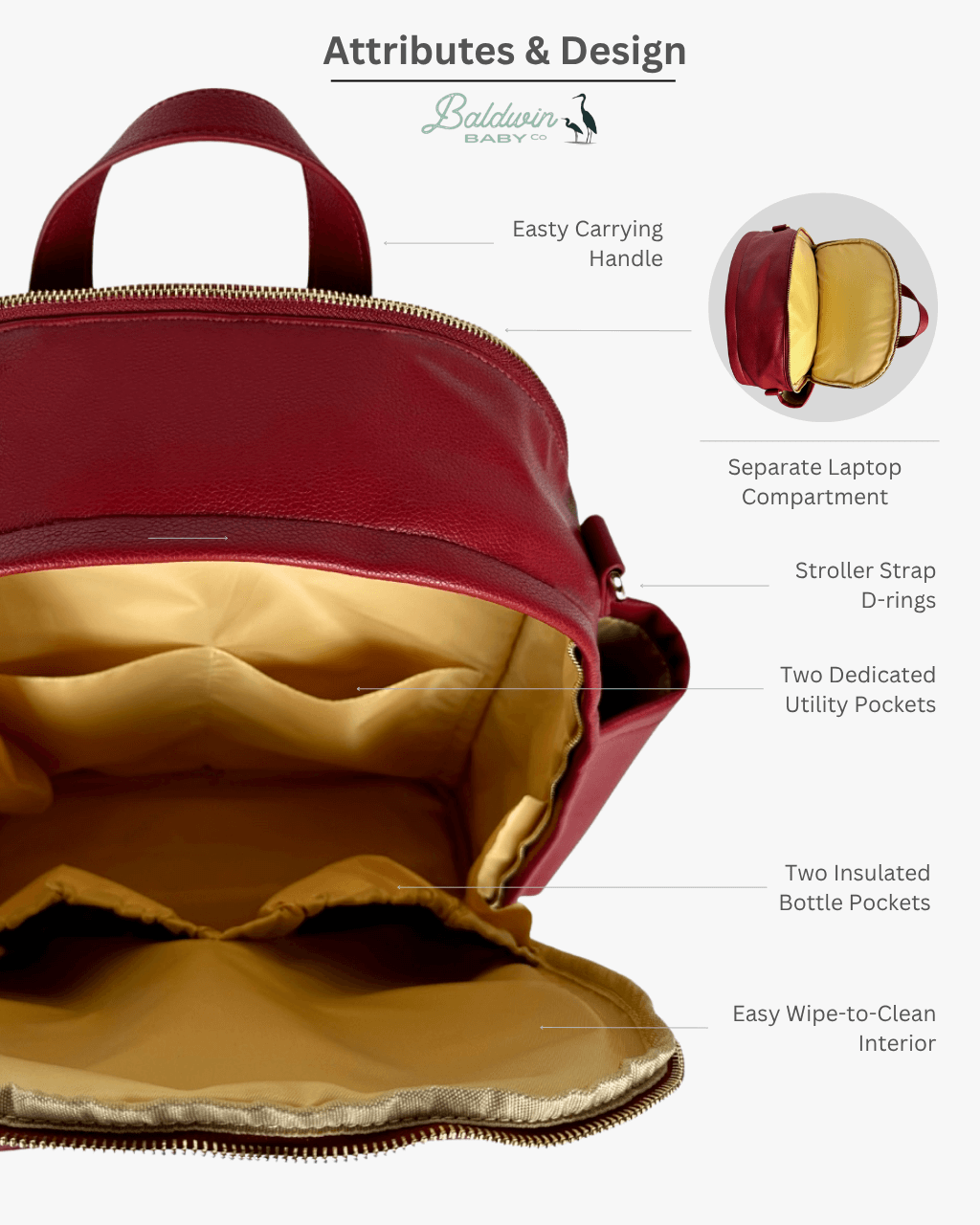 Crimson diaper bag interior with insulated bottle pockets and a separate laptop compartment.