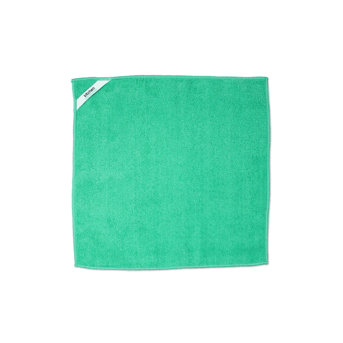Green microfiber cleaning cloth with stitched edge and small brand label