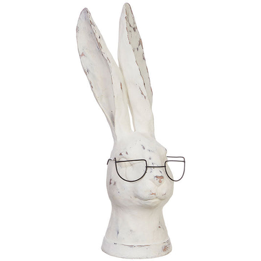 Rabbit figurine with glasses, white with long ears up