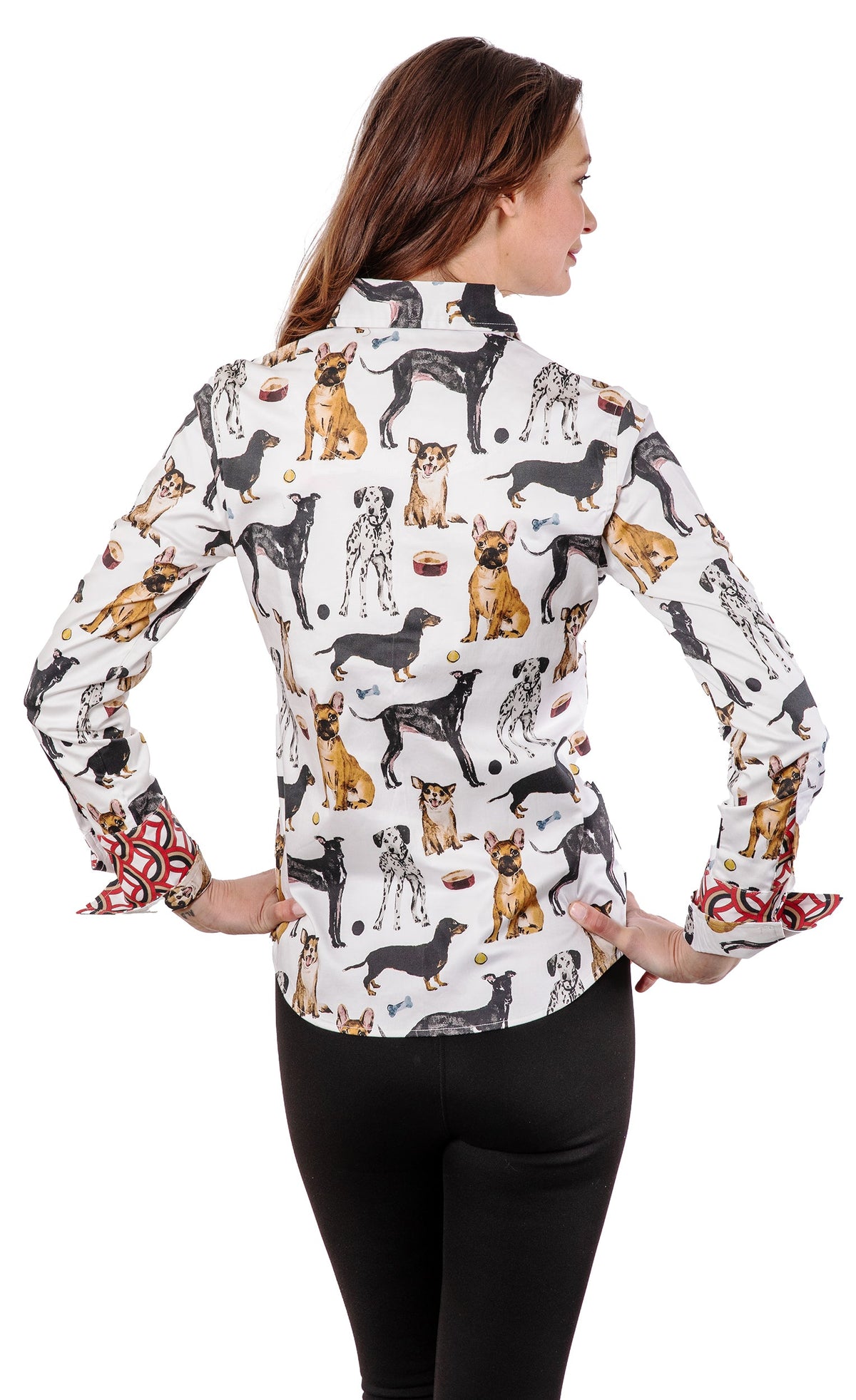 Back view of collared long-sleeve dog print button-up shirt with full button placket