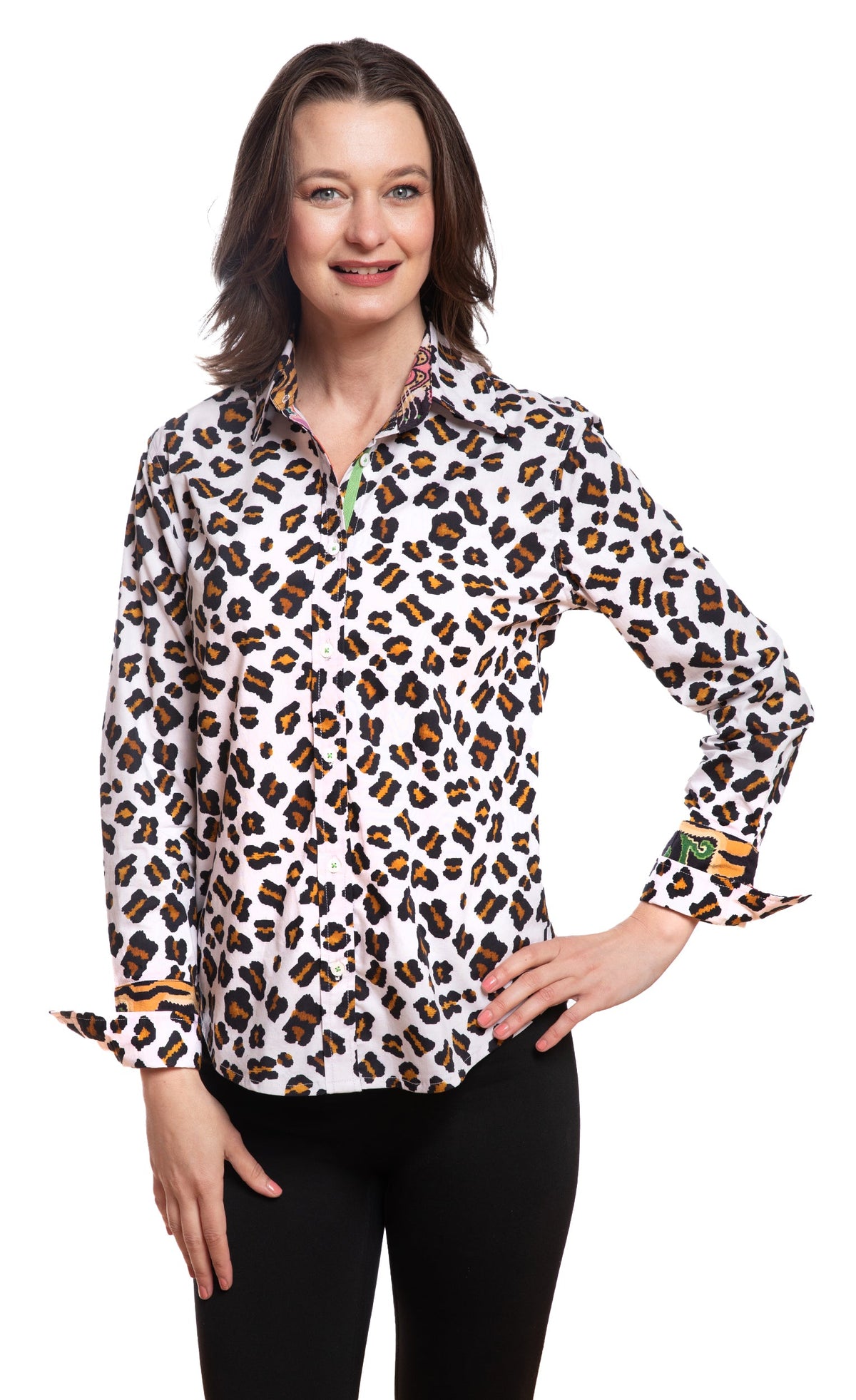 Oversized button-up shirt with white multicolor dot pattern and contrast cuffs