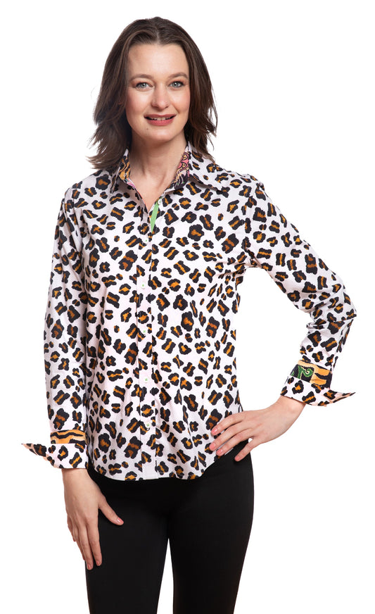 Oversized button-up shirt with white multicolor dot pattern and contrast cuffs