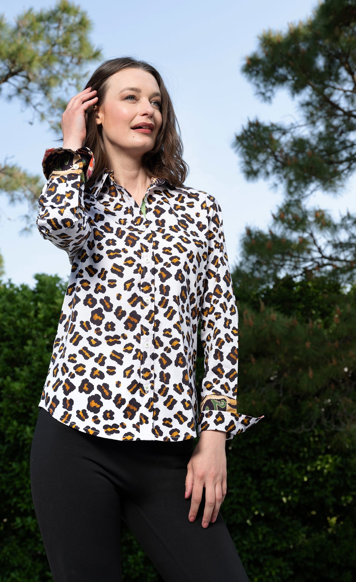 Oversized long-sleeve shirt with white background and multicolor dot/leopard pattern